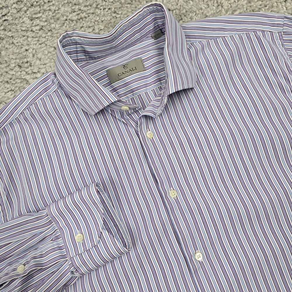 Canali Striped Dress‎ Shirt Mens 17.5 Purple Blue Cotton Made in Italy Luxury